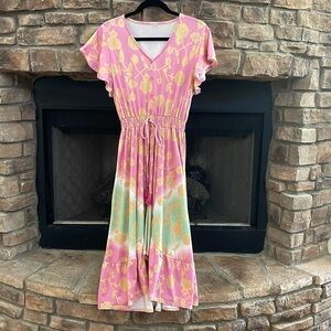 NWOT pink, green and yellow high low floral dress. Medium.
